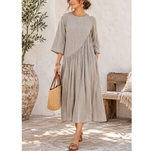SOLIKA Talia Midi Dress S Rayon Linen Asymmetric Pleated Modest Lagenlook